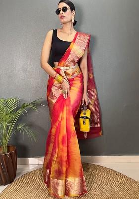 Red Embroidered Blended Saree Set