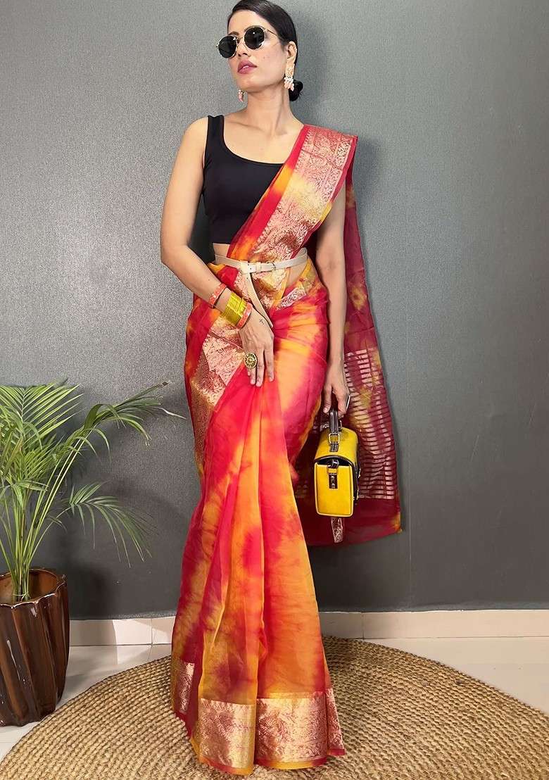 Red Embroidered Blended Saree Set - Indya