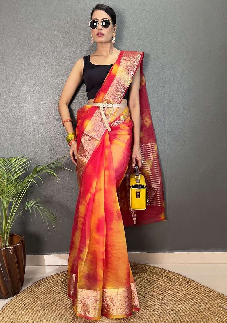 Red Embroidered Blended Saree Set - Indya