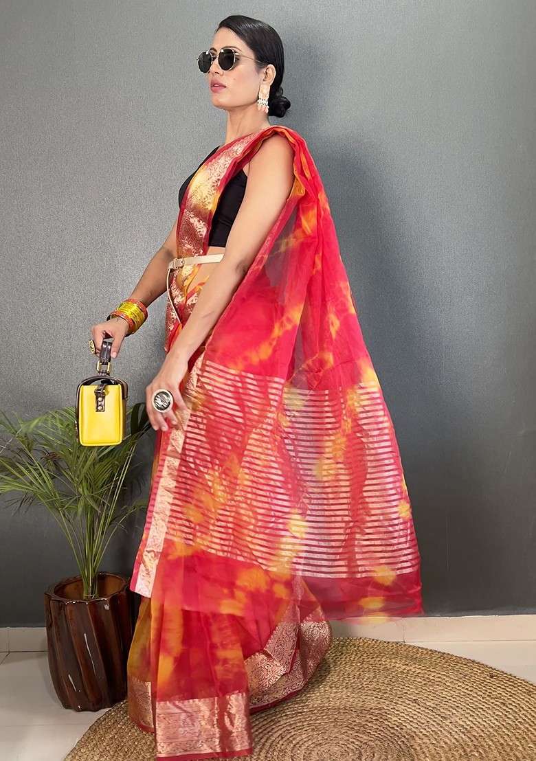 Red Embroidered Blended Saree Set - Indya