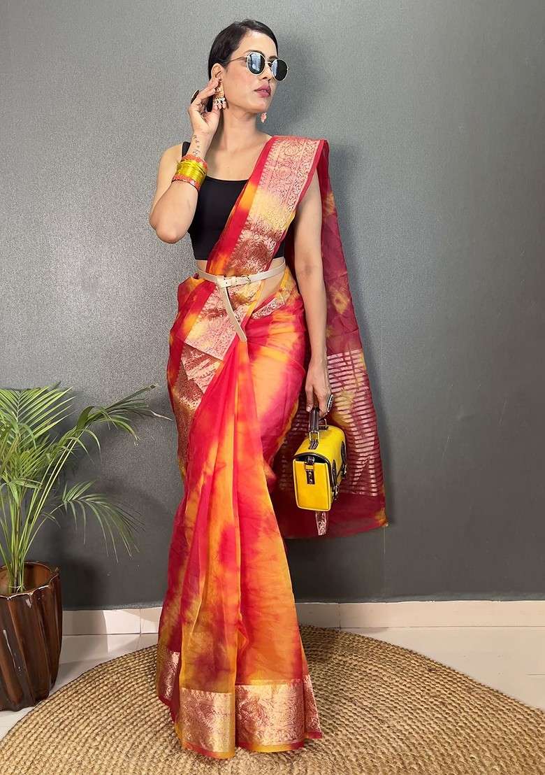 Red Embroidered Blended Saree Set - Indya