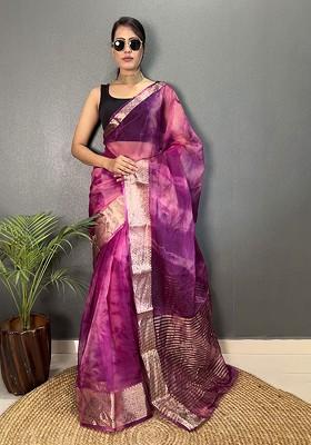 Purple Embroidered Blended Saree Set