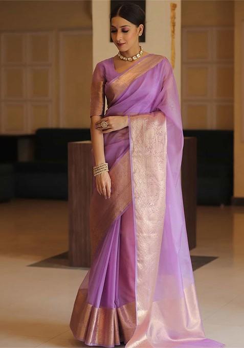 Purple Embroidered Blended Saree Set