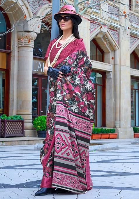Black Printed Blended Saree Set