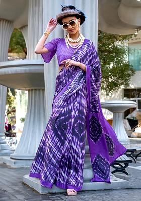 Purple Embroidered Blended Saree Set
