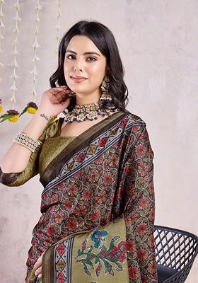 Brown Embroidered Blended Saree Set