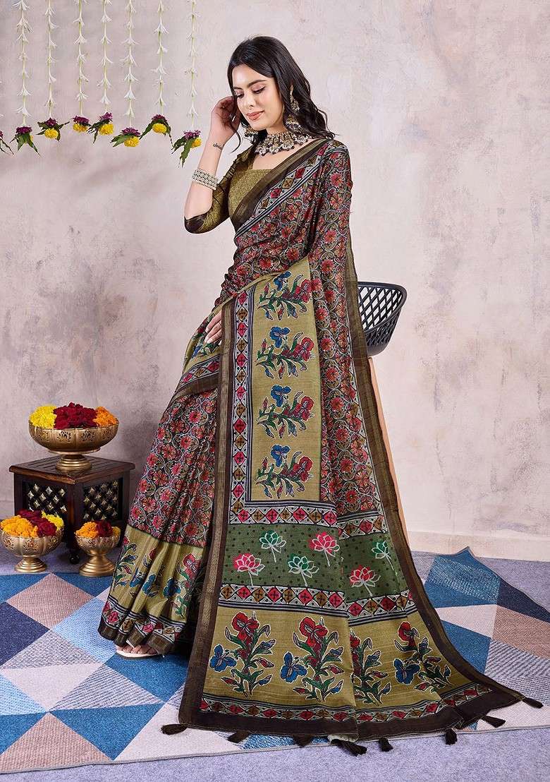 Brown Embroidered Blended Saree Set for Diwali and Festive Wear - Indya
