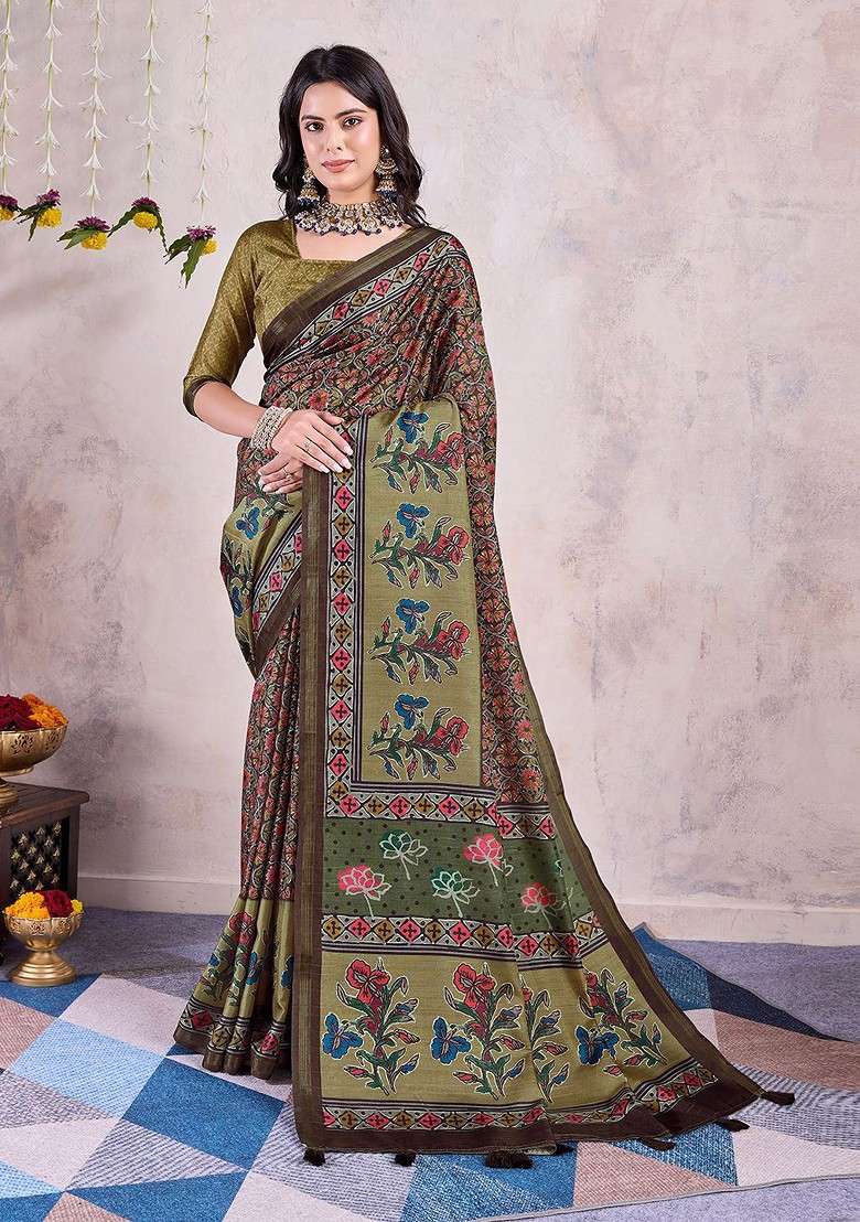 Brown Embroidered Blended Saree Set for Diwali and Festive Wear - Indya