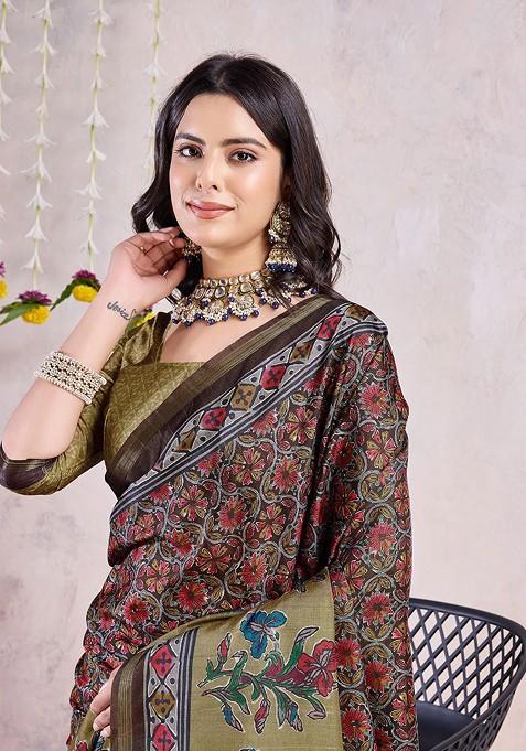 Brown Embroidered Blended Saree Set