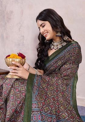 Maroon Embroidered Blended Saree Set