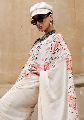 Cream Printed Blended Saree Set