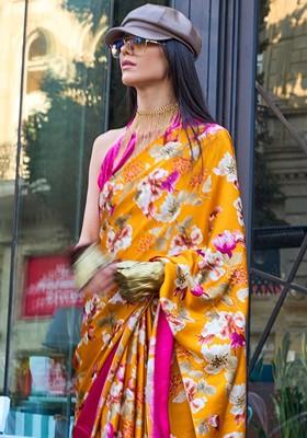 Mustard Printed Blended Saree Set
