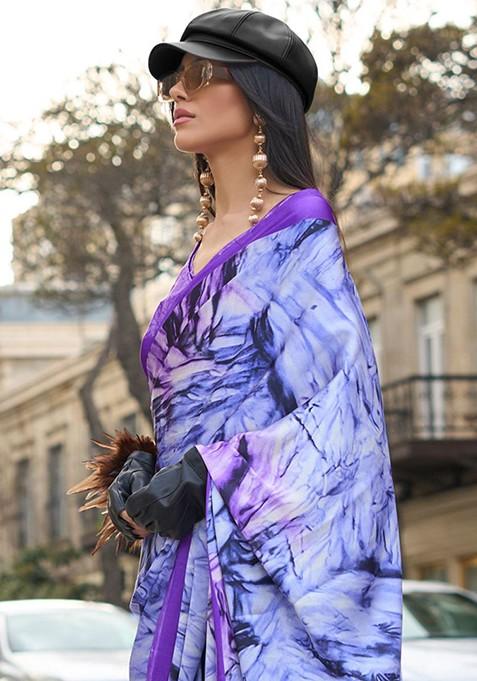 Lavender Printed Blended Saree Set