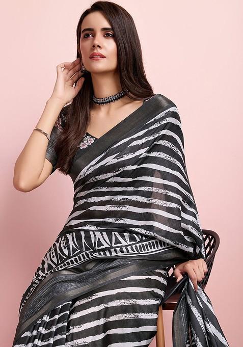 Charcoal Sequin Embellished Blended Saree Set — view on Indya