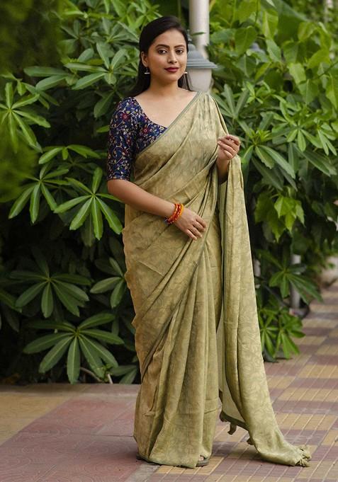 Green Embellished Blended Saree Set — view on Indya