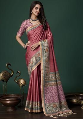 Red Embroidered Blended Saree Set
