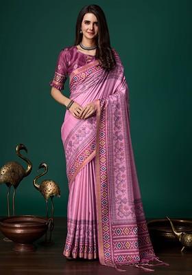 Purple Embroidered Blended Saree Set