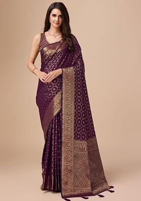 Purple Embroidered Blended Saree Set