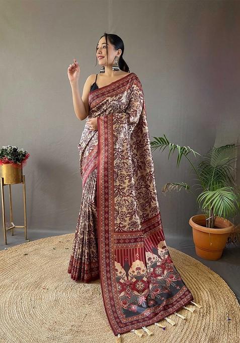 Beige Printed Blended Saree Set