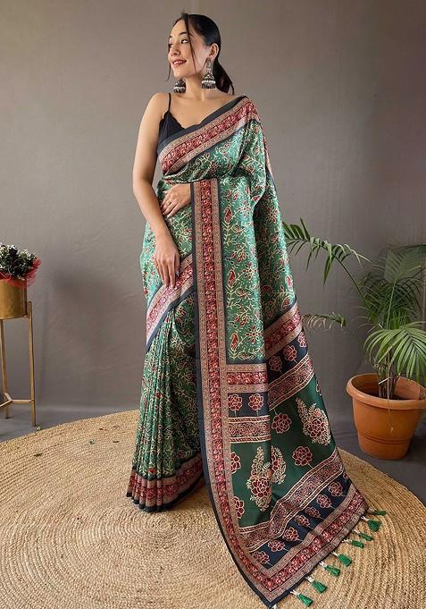 Green Embroidered Blended Saree Set