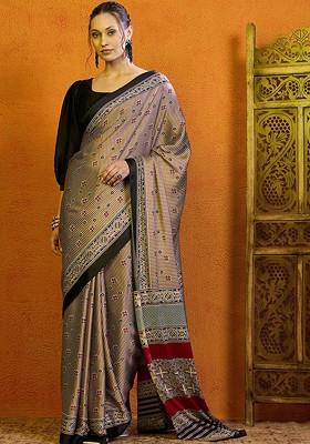 Beige Embroidered Blended Saree Set