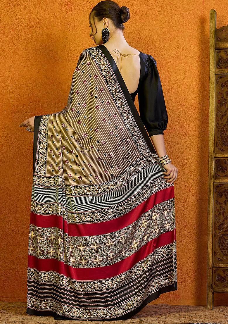 Beige Embroidered Blended Saree Set - Indya