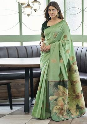 Lime Green Jacquard Blended Saree Set