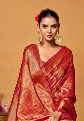 Orange Jacquard Blended Saree Set