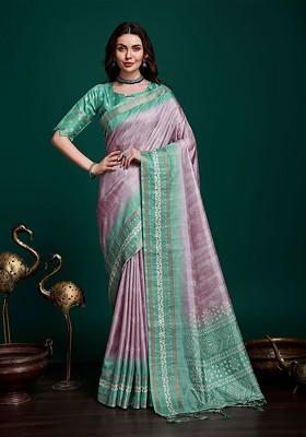 Purple Embroidered Blended Saree Set