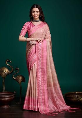 Pink Printed Blended Saree Set