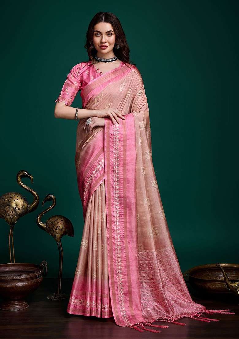 Pink Blended Saree Set with Printed for Diwali | Wedding & Festive Wear - Indya