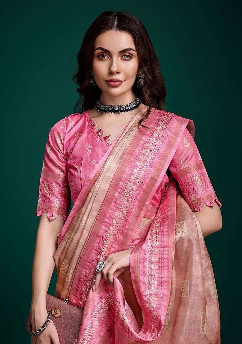 Pink Blended Saree Set with Printed for Diwali | Wedding & Festive Wear - Indya