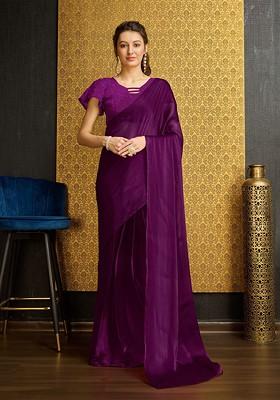 Purple Embroidered Blended Saree Set
