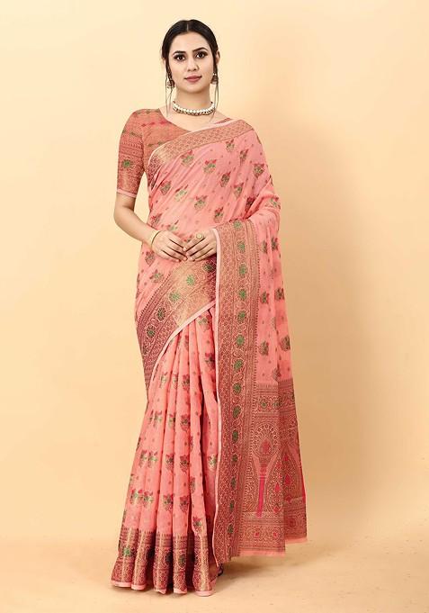 Peach Embroidered Blended Saree Set