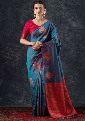Teal Embroidered Blended Saree Set