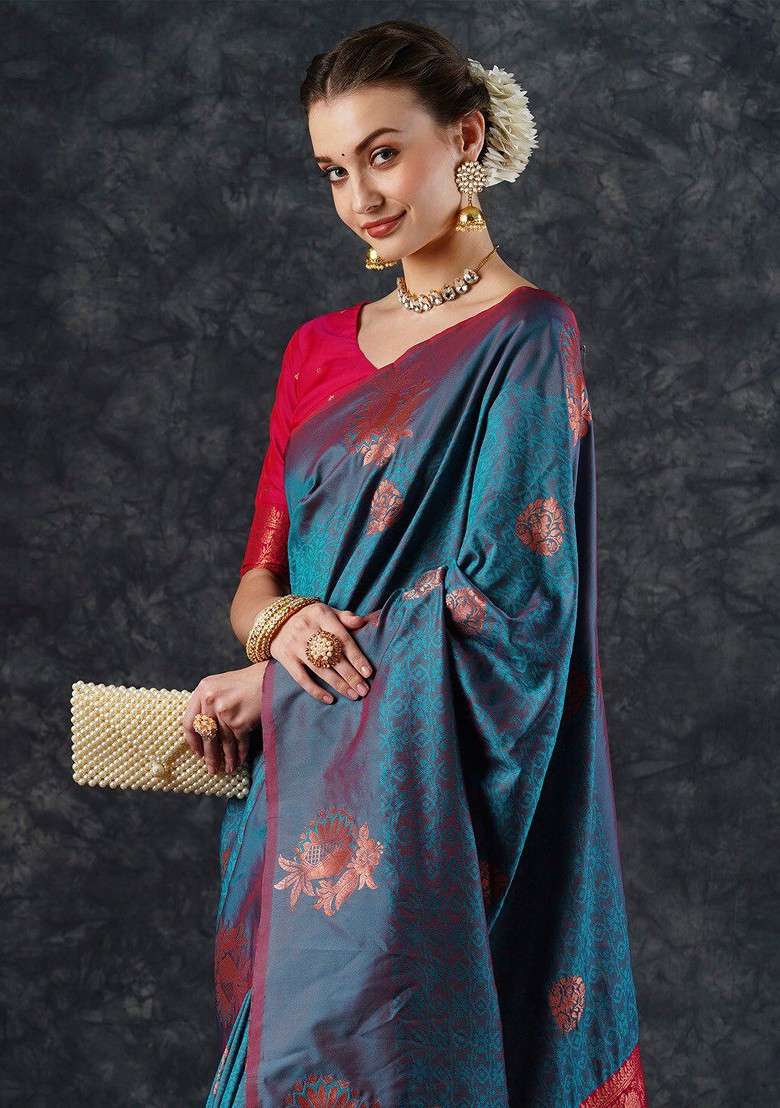 Teal Blended Saree Set with Embroidered for Diwali | Wedding & Festive Wear - Indya