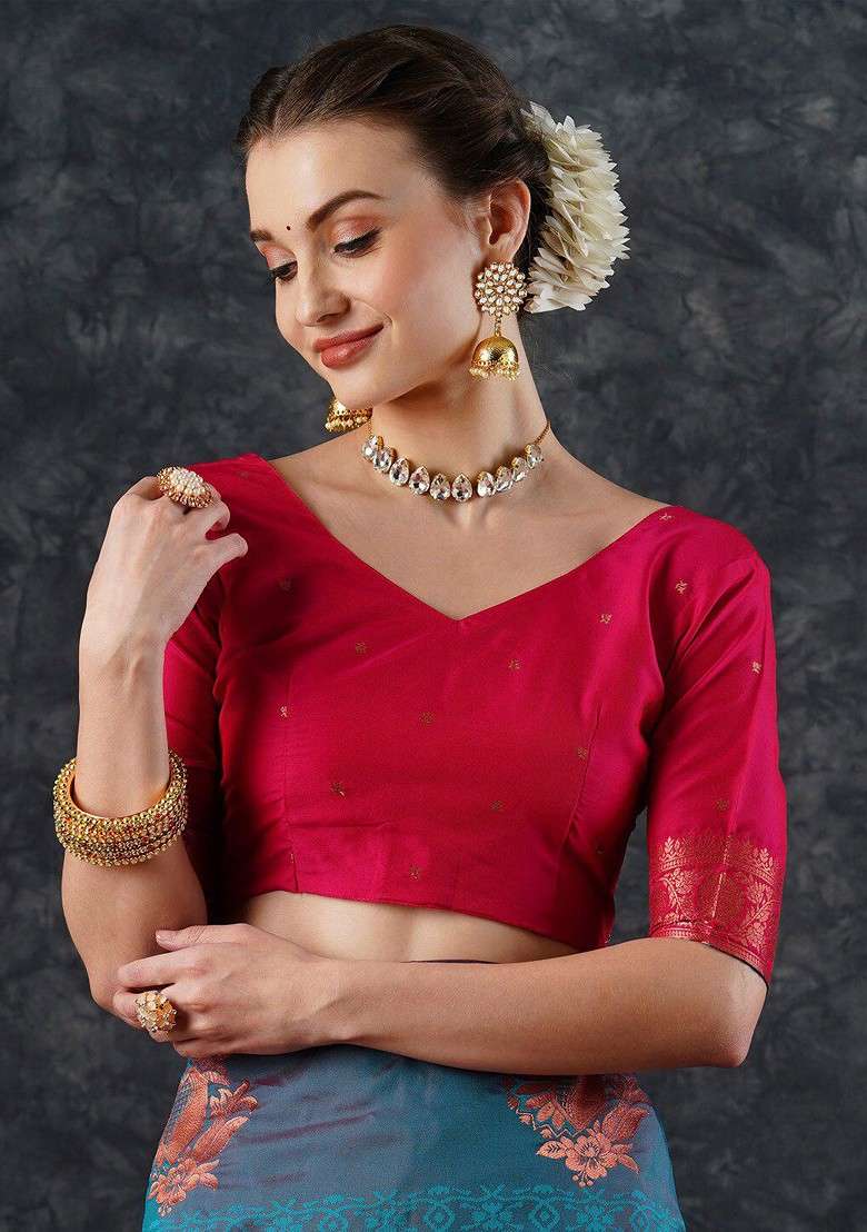 Teal Blended Saree Set with Embroidered for Diwali | Wedding & Festive Wear - Indya