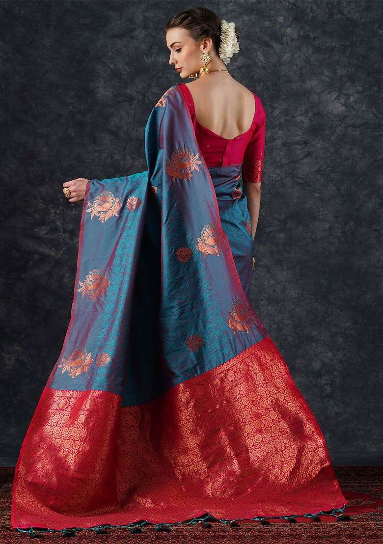 Teal Blended Saree Set with Embroidered for Diwali | Wedding & Festive Wear - Indya