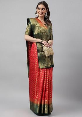 Red Embroidered Blended Saree Set