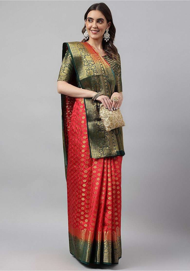 Red Embroidered Blended Saree Set for Diwali and Festive Wear - Indya