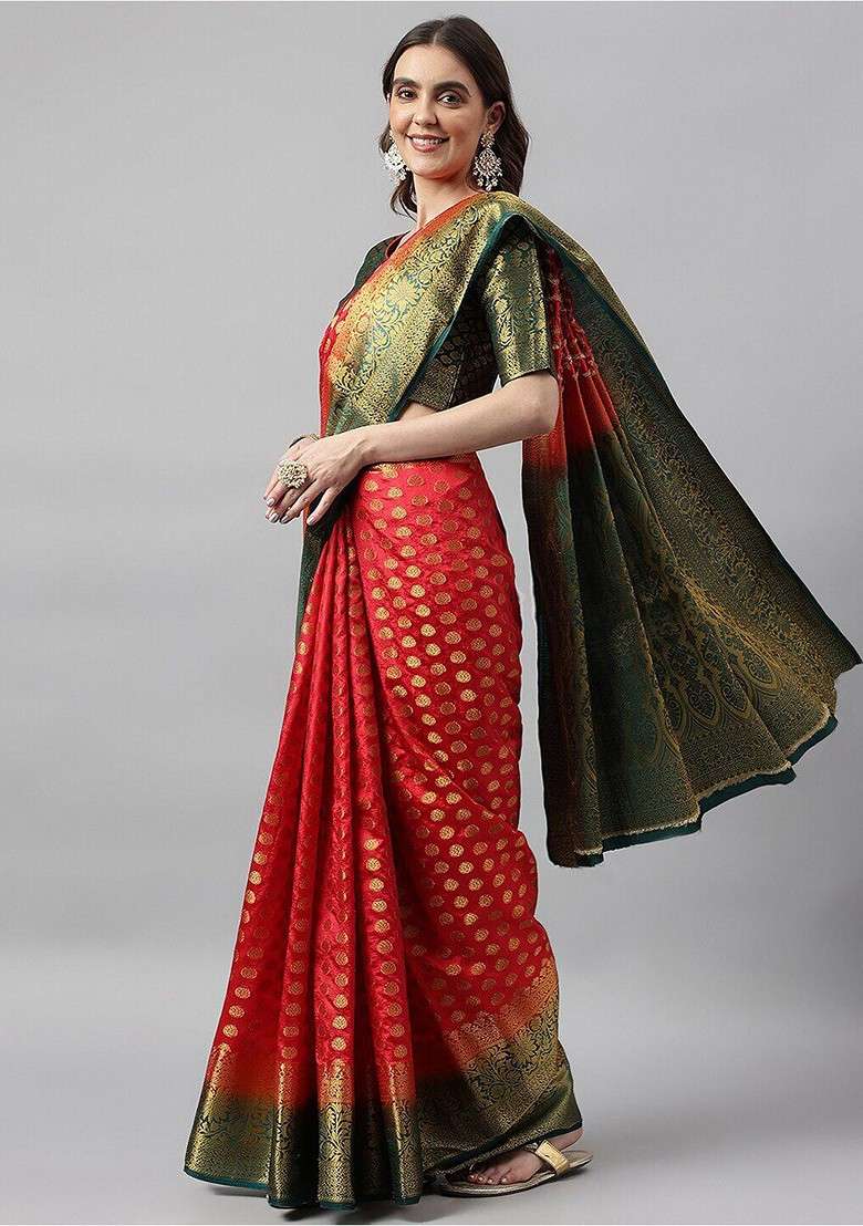 Red Embroidered Blended Saree Set for Diwali and Festive Wear - Indya