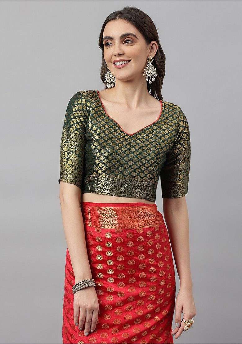 Red Embroidered Blended Saree Set for Diwali and Festive Wear - Indya