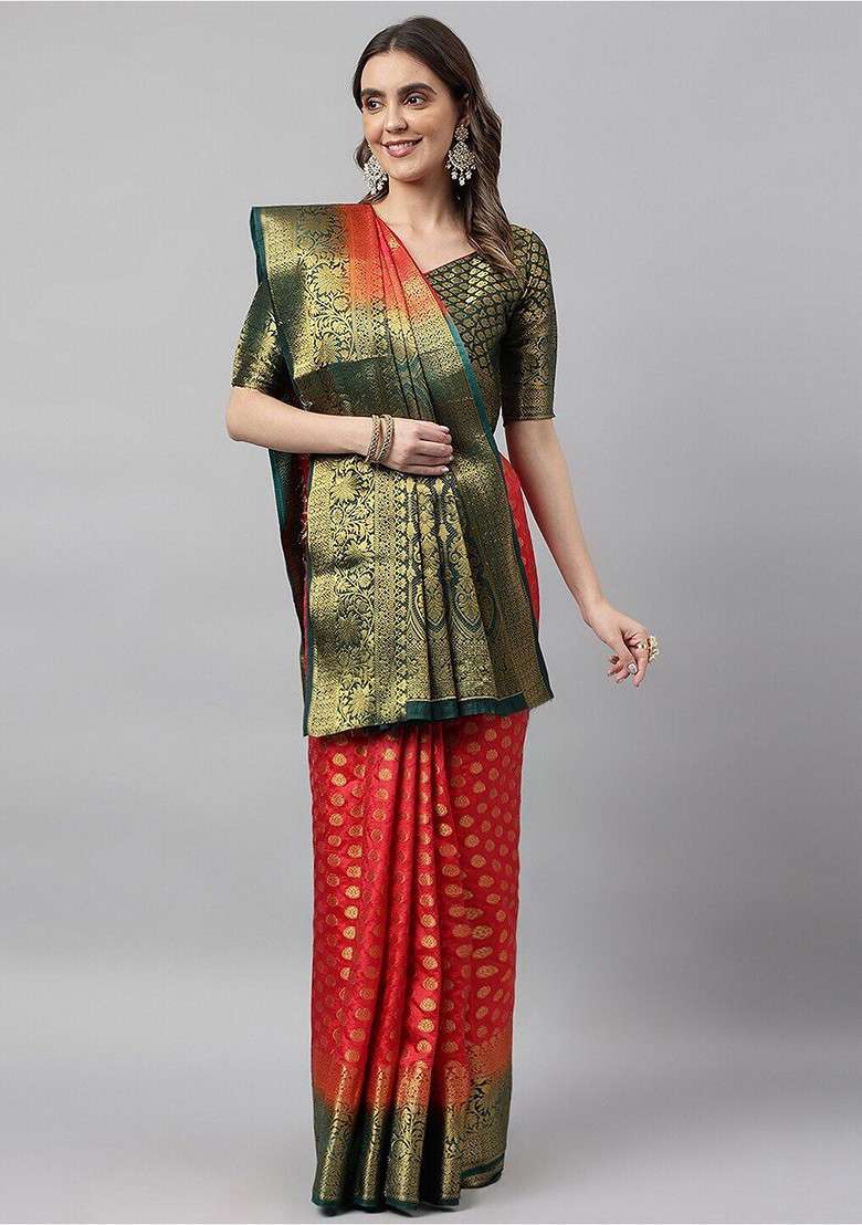 Red Embroidered Blended Saree Set for Diwali and Festive Wear - Indya