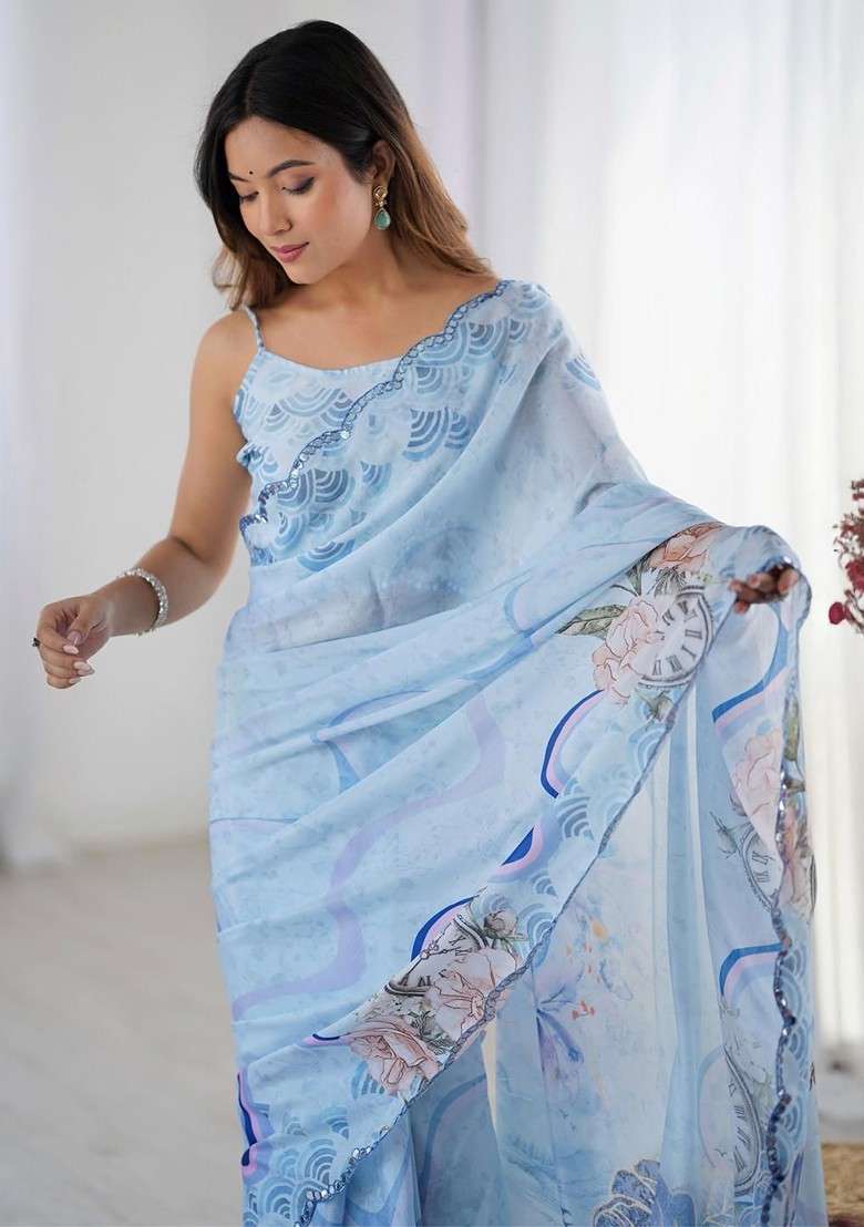 Turquoise Blue Printed Blended Saree Set - Indya