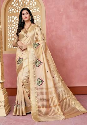 Cream Jacquard Blended Saree Set