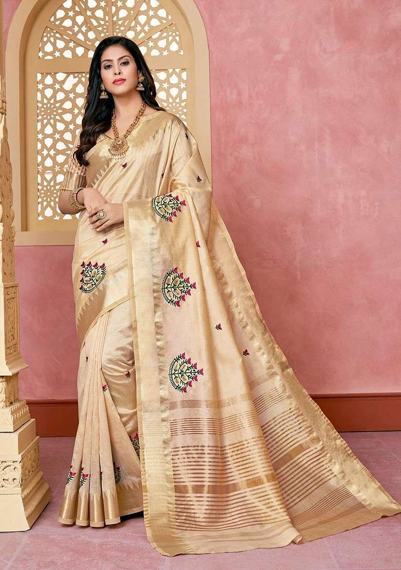 Cream Jacquard Blended Saree Set for Diwali and Festive Wear - Indya