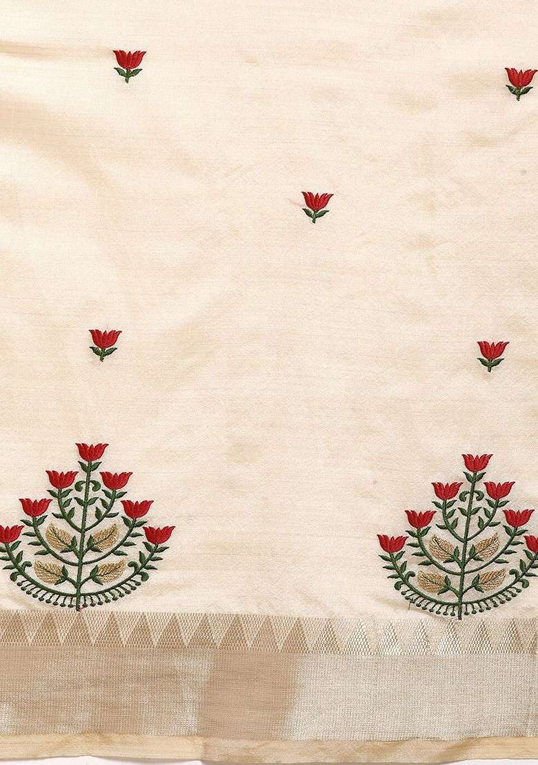 Cream Jacquard Blended Saree Set for Diwali and Festive Wear - Indya
