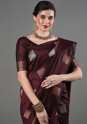 Coffee Brown Embroidered Blended Saree Set