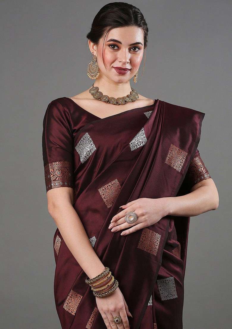 Coffee Brown Embroidered Blended Saree Set - Indya