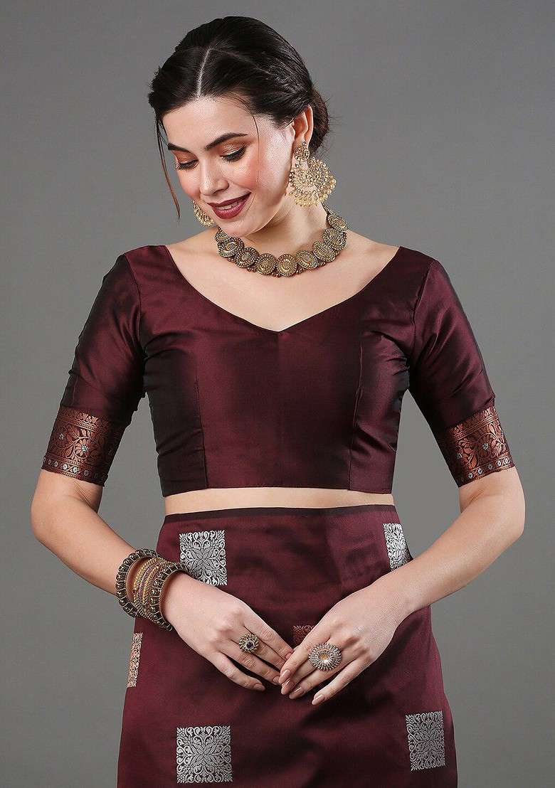 Coffee Brown Embroidered Blended Saree Set - Indya